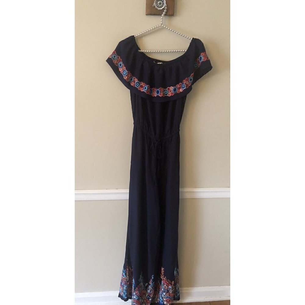 NWT Chelsea & Violet Navy Blue Embroidered Romper Ruffle Bodice Pockets